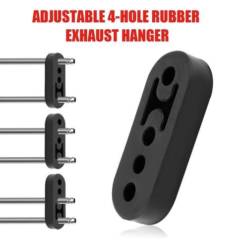 Exhaust Hanger Removal Tool And 4 Hole Rubber Hangers Kit For Cars Trucks showing black rubber exhaust hanger with four holes.