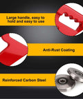Features of the 9 Inch Hand Pull Sheet Metal Cutter Nibbler, highlighting a large handle, anti-rust coating, and reinforced carbon steel.