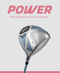 Close-up of titanium driver from Women’s Complete Golf Club Set For Beginners with sleek design and power text.