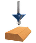 Six Piece One Quarter Inch Shank Carbide Tipped Router Bit Set With Storage Case For Straight Cuts Trimming Decorative Edging And Dovetail Joinery Pro Grade Micrograin Tips Deliver Sharp Edges Smooth Finishes Long Lasting Performance showing a single router bit and wood cut sample.