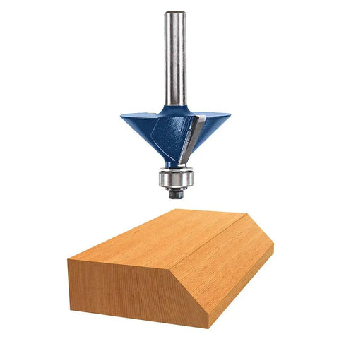 Six Piece One Quarter Inch Shank Carbide Tipped Router Bit Set With Storage Case For Straight Cuts Trimming Decorative Edging And Dovetail Joinery Pro Grade Micrograin Tips Deliver Sharp Edges Smooth Finishes Long Lasting Performance showing a single router bit and wood cut sample.