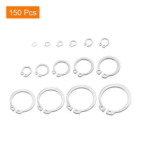 External Retaining Ring Set 150 Pcs In 15 Sizes 304 Stainless Steel Circlip Snap Rings Kit displayed in varying sizes.