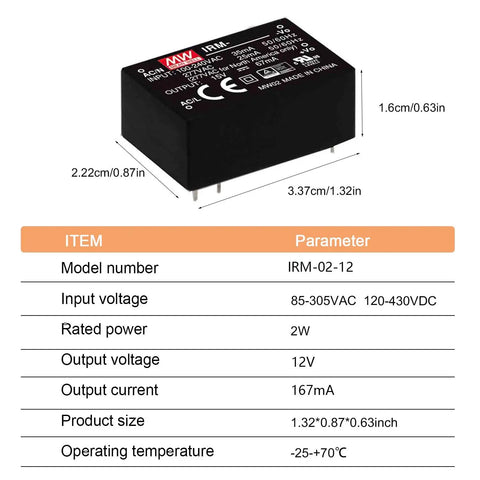 Top Shelf 12V DC Power Supply 2 Watt Slick Compact Industrial Adapter With UL Certified Build, showing dimensions and specifications.