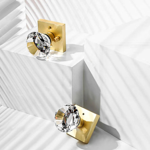 Square Glass Diamond Knob Set With Lock For Bedroom And Bathroom Privacy, Satin Brass Gold Finish Door Handles, Keyless Privacy Knobs