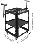 Hella Sturdy Height Adjustable Miter Saw Stand With Heavy Duty Wheels And 550 Pound Load Rating Includes Twin Extension Rollers For Planers And Benchtop Tools Built Different To Tackle Big Shop Projects Smoothly, shown with black frame and dimensions.