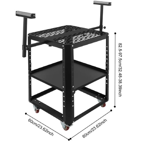 Hella Sturdy Height Adjustable Miter Saw Stand With Heavy Duty Wheels And 550 Pound Load Rating Includes Twin Extension Rollers For Planers And Benchtop Tools Built Different To Tackle Big Shop Projects Smoothly, shown with black frame and dimensions.