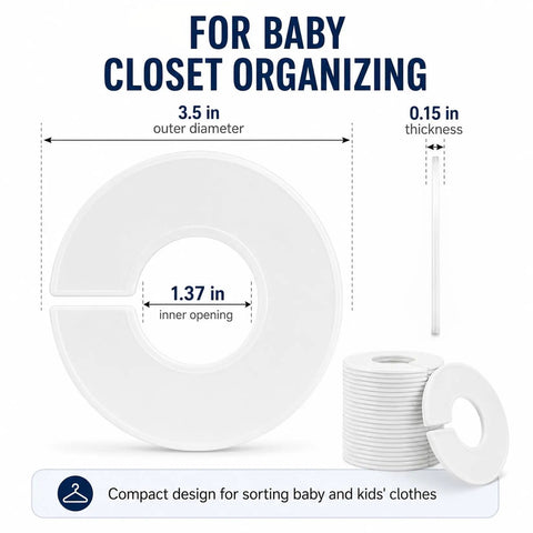30 Pack White Closet Dividers for Baby Clothes, No Fuss Easy Label System, showing product dimensions and compact stack.