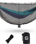 Extra Large Hammock Bug Net With Double Sided Zipper 11.15 Ft Long By 5 Ft Wide displayed with storage bag and cords