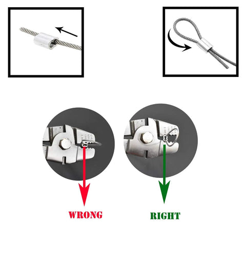 Installation guide showing correct and incorrect use of Aluminum Crimping Sleeves Set One Thirty Second Inch Double Barrel Cable Crimps Wire Ferrules For Rope Ends 200 Pack Rugged Heavy Duty Rust Resistant Easy Install Secure Wire Rope Connectors on wire rope.