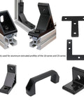 100 Piece M6 T Slot Slide Nuts For Aluminum Extrusion Framing Pro Grade Galvanized Steel Fasteners showing various black brackets for 10 and 25 series profiles.