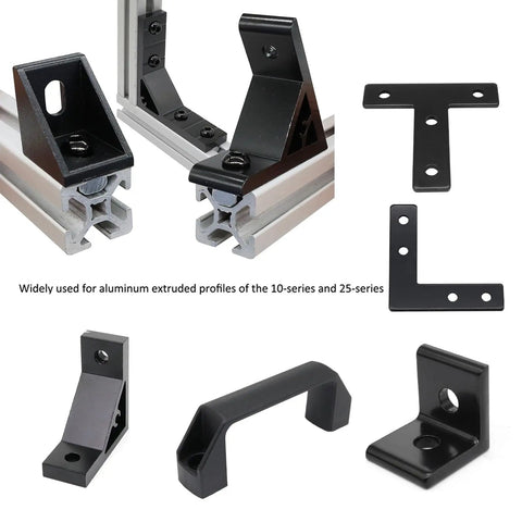 100 Piece M6 T Slot Slide Nuts For Aluminum Extrusion Framing Pro Grade Galvanized Steel Fasteners showing various black brackets for 10 and 25 series profiles.