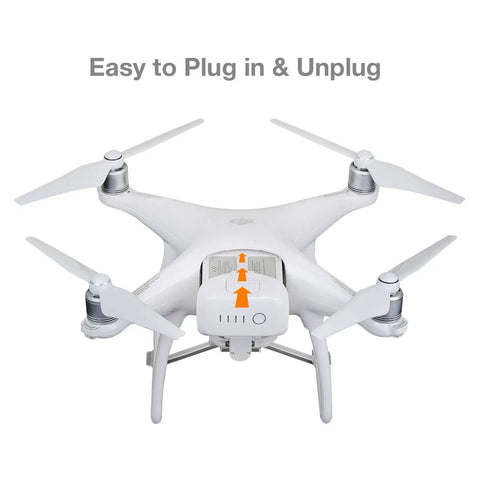 DJI Phantom 4 drone with 2 Pack High Capacity 5870mAh 15.2V Intelligent Flight Replacement Battery installed, showing easy installation guide.