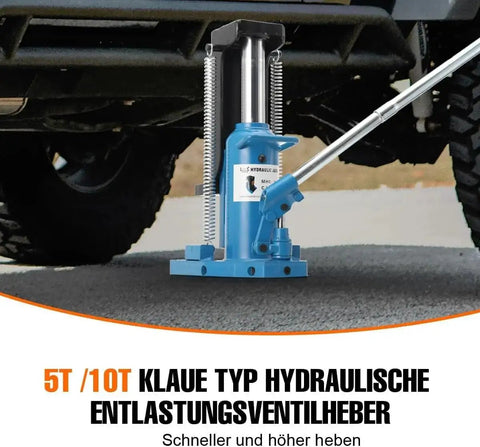 Heavy Duty Hydraulic Toe Jack Lifter, 5 To 10 Ton Capacity, showing blue steel frame and smooth low profile for auto shops.