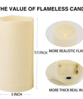 2 Pack Outdoor Flameless LED Pillar Candles With Remote And Timer, 3 inch by 5.5 inch, ivory color, realistic flame example