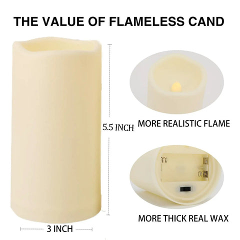 2 Pack Outdoor Flameless LED Pillar Candles With Remote And Timer, 3 inch by 5.5 inch, ivory color, realistic flame example