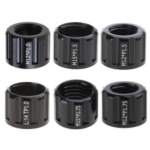 Six black threaded thru axle nuts M12 M15 for front and rear bike hubs tube shaft skewer cap, aluminum alloy, durable design.