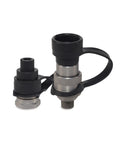 Heavy-Duty Three Eighths Inch Hydraulic Quick Connect Coupler Set For Ten Thousand PSI Systems, Three Eighths Inch NPT Thread, Screw-To-Connect, Steel With Zinc-Plated Finish For Corrosion Resistance And Secure Engagement On Pumps And Cylinders. Close-up of two coupler halves with caps