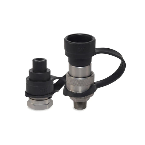 Heavy-Duty Three Eighths Inch Hydraulic Quick Connect Coupler Set For Ten Thousand PSI Systems, Three Eighths Inch NPT Thread, Screw-To-Connect, Steel With Zinc-Plated Finish For Corrosion Resistance And Secure Engagement On Pumps And Cylinders. Close-up of two coupler halves with caps