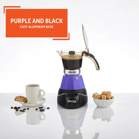 Purple Electric Espresso Maker For Two Or Three Cups Compact Home Brewer with cup and sugar, cast aluminum base, on table
