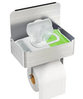 Brushed Nickel Toilet Paper Holder With Shelf And Wipes Dispenser, Stainless Steel Wall Mount Organizer with wipes displayed in open shelf.