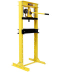 Hardcore 12 Ton Hydraulic Shop Press With Pressure Gauge And Rock Solid Steel Frame Bottle Jack Rig displaying yellow frame and manual pump.
