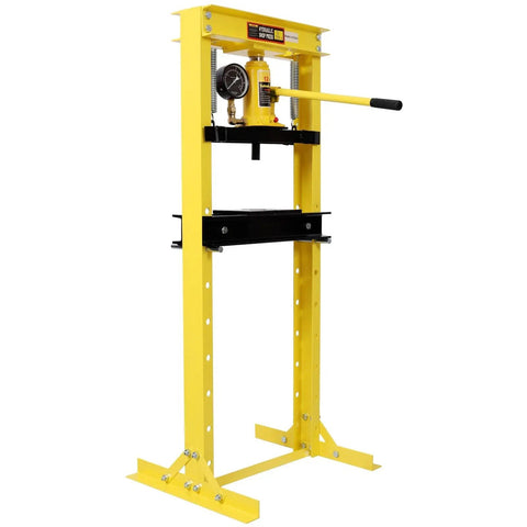 Hardcore 12 Ton Hydraulic Shop Press With Pressure Gauge And Rock Solid Steel Frame Bottle Jack Rig displaying yellow frame and manual pump.
