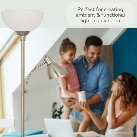 Adjustable Metal Floor Lamp With Side Reading Light In Satin Nickel Finish 150 Watt, living room setting with family