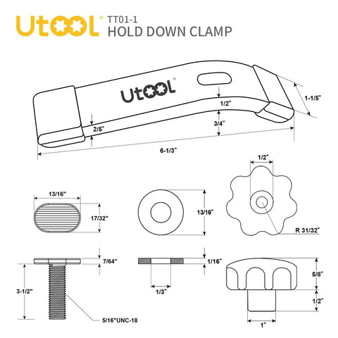 Technical diagram of Beefy Two Pack T Track Hold Down Clamps Kit with 3-1/2 inch T Slot Bolts, 6-1/3 inch long, starlight blue anodized aluminum