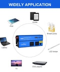 1000 Watt DC To AC Inverter With Dual 110V Outlets Smart Digital Display And Cigarette Lighter Adapter For Cars Trucks Rvs Boats Plug And Play Road Ready Kit shown with various electronics.