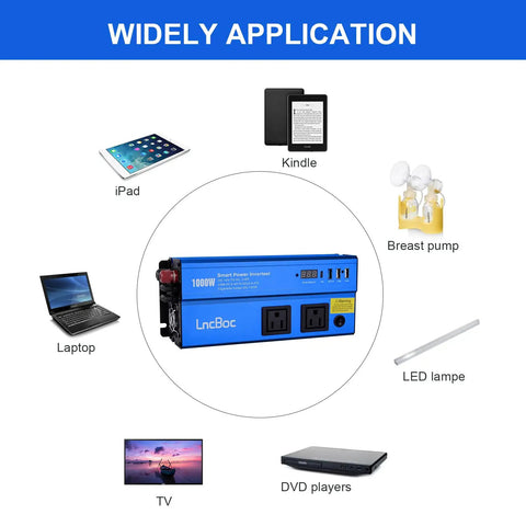 1000 Watt DC To AC Inverter With Dual 110V Outlets Smart Digital Display And Cigarette Lighter Adapter For Cars Trucks Rvs Boats Plug And Play Road Ready Kit shown with various electronics.