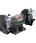 Hardcore 10 Inch Bench Grinder With Dual 24 And 46 Grit Coarse Vitrified Wheels Paired With A Rock Solid Metalworking Stand for sharpening.