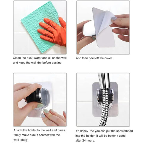 Installation steps of the Removable Shower Head Holder With Adjustable Arm Strong Suction Cup Stick On Adhesive And No Drill Install