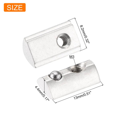30Pcs M3 T Spring Nuts Carbon Steel Nickel Plated Half Round Roll-In for T-Slot Aluminum 3D Printer CNC Router 2020 Series size dimensions 13mm by 8.2mm by 4.4mm