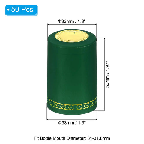 Killer 50 Pack Heat Shrink Caps With Sweet Floral Look Snug Seal Wraps For Wine Bottles, green PVC 33mm wide, 50mm tall.