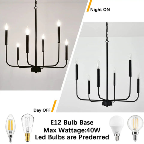 Six Light Industrial Black Chandelier For Dining Room And Living Space Dope Modern Farmhouse Pendant Light Hanging Ceiling Fixture Perfect For Kitchen Island Hallway Bedroom Foyer, E12 bulb base day and night view