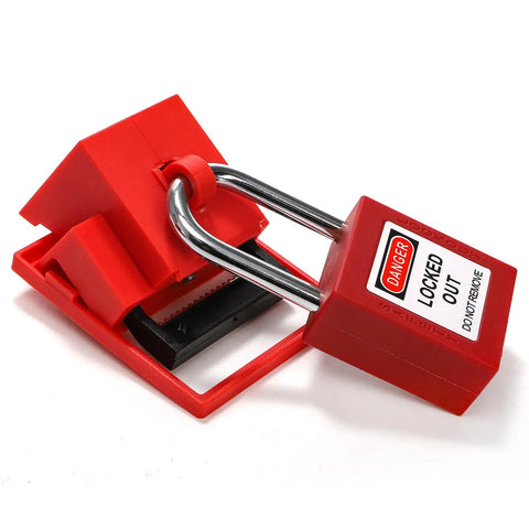 Red Six Pack Clamp On Circuit Breaker Lockout Device Set For 480 To 600 Volt Breakers Universal Large Size with padlock