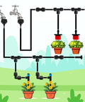 Illustration of 1/4 Inch Drip Irrigation Fittings Kit 40-Piece Go-To Set Push-To-Fit Connectors watering potted plants