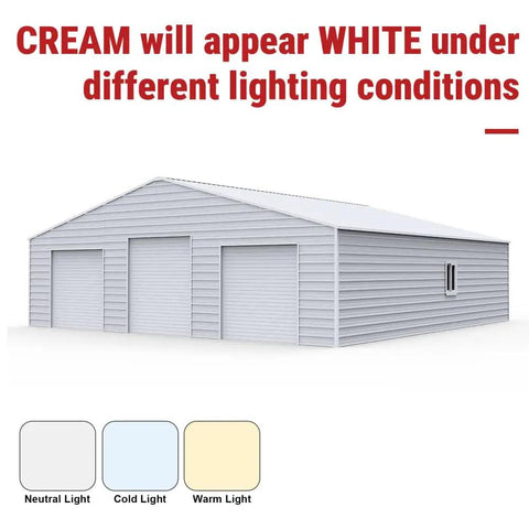 Heavy Duty Steel Barn Garage With Roll Top Metal Doors For Trucks Tractors Rvs Atvs And Workhorses Storage Shelter side view showing color variations under lighting.