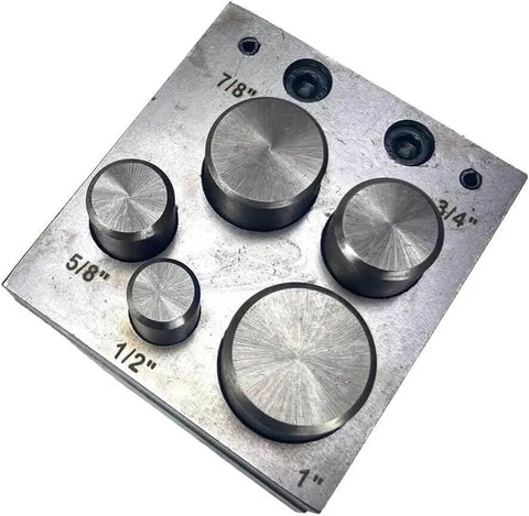 Disc Cutter Set For Jewelry Making With Hardened Steel Punch Tools, Pro Grade, five heavy-duty cutters with size markings on metal plate