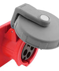 Pro Grade Super Sturdy Red Plastic Power Receptacle With 3 Pole 4 Wire Setup delivering 480 Volt 60 Amp 10 Horsepower muscle on a gray background.
