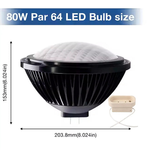Par64 Led Bulb Replacement for 1000W Halogen, 80W, 15 Degree Beam, Warm White 2700K to 3000K, 120V GX16D dimensions shown