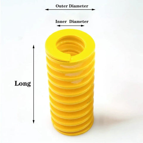 Heavy Duty Compression Die Springs Built Tough For Quick 3D Printer Heat Bed Leveling Yellow steel coil, showing inner and outer diameters.