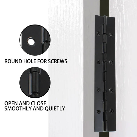 Close-up of Six Piece Heavy Duty Matte Black Piano Hinges 8 Inch Continuous Steel Hardware showing screw holes and smooth operation.