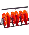 Heavy Duty Wheeled Spool Holder And Wire Cable Dispenser With A 3 Volume Organizer Featuring orange reels for wire storage