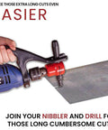 One-Handed Drill And Nibbler Attachment Turns Your Drill Into A Pro Nibbler Combo For Effortless Long Cuts Ergonomic Design Fits Hammer Style Drills With 43mm Collar Ideal For Fast Clean Metal And Aluminum Cutting, shown cutting metal sheet.