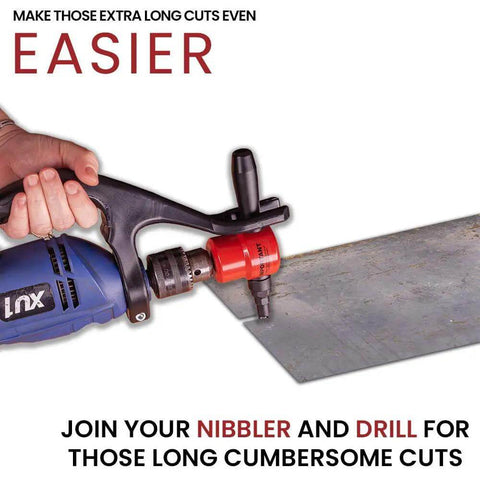One-Handed Drill And Nibbler Attachment Turns Your Drill Into A Pro Nibbler Combo For Effortless Long Cuts Ergonomic Design Fits Hammer Style Drills With 43mm Collar Ideal For Fast Clean Metal And Aluminum Cutting, shown cutting metal sheet.