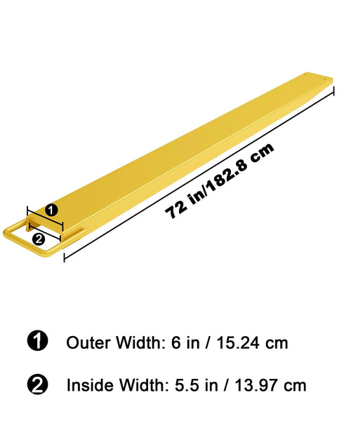 Forklift fork extensions, 72 in long, outer width 6 in, yellow steel, 1 pair