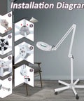 Installation diagram for Super Bright 2,200 Lumens LED Magnifying Glass with Light and Stand, Floor Lamp with 5-Wheel Rolling Base.