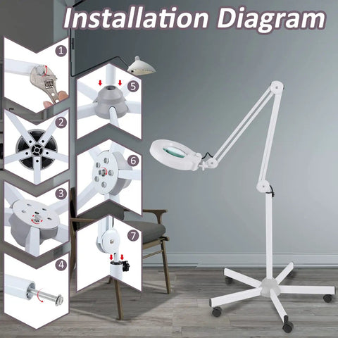 Installation diagram for Super Bright 2,200 Lumens LED Magnifying Glass with Light and Stand, Floor Lamp with 5-Wheel Rolling Base.