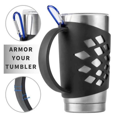 Durable Silicone Tumbler Sleeve With Handle For 20 Oz Cups No Slip Grip Insulated Protective Cover in black with carabiner